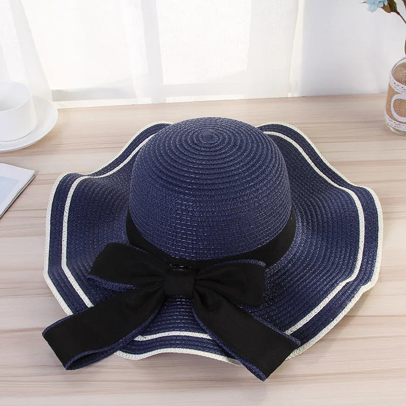 women's elegant pastoral simple style waves bowknot big eaves straw hat