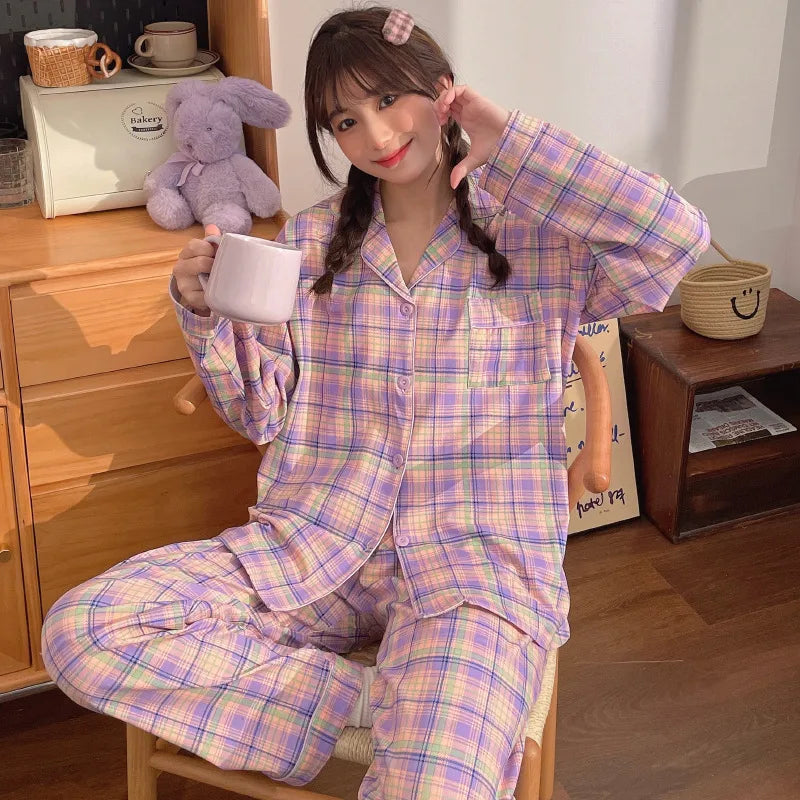 Purple Heart Sweet Style Women's Sleepwear Long Sleeve Home Clothes Spring Autumn High Sensation Dormitory Outdoor Wear Set