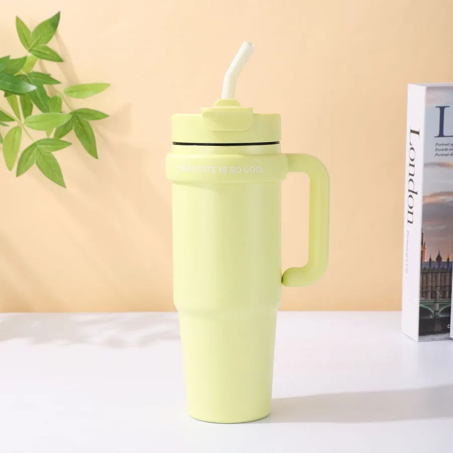 Giant 30Oz Handle Cup, 304 Stainless Steel Thermos Cup, Car Double Drinking Straw Large Ice Cup
