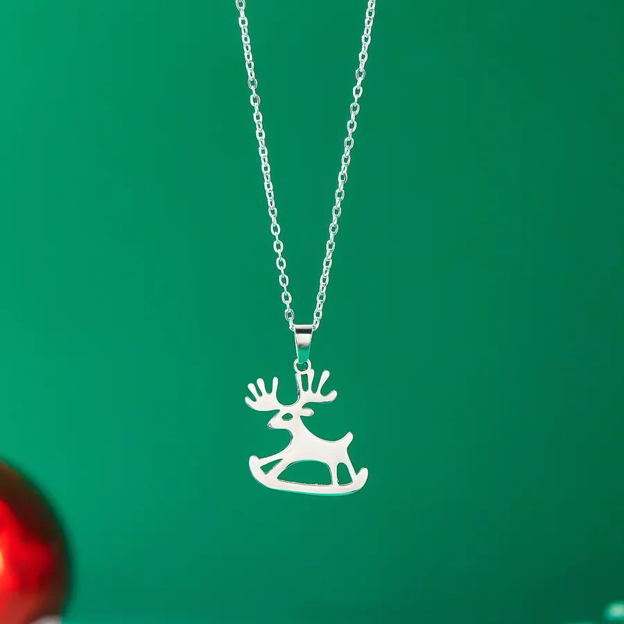 Christmas Deer Santa Claus Stainless Steel Necklace Women's Versatile Cartoon Character Design Paved Snowflake Pattern Jewelry Accessory