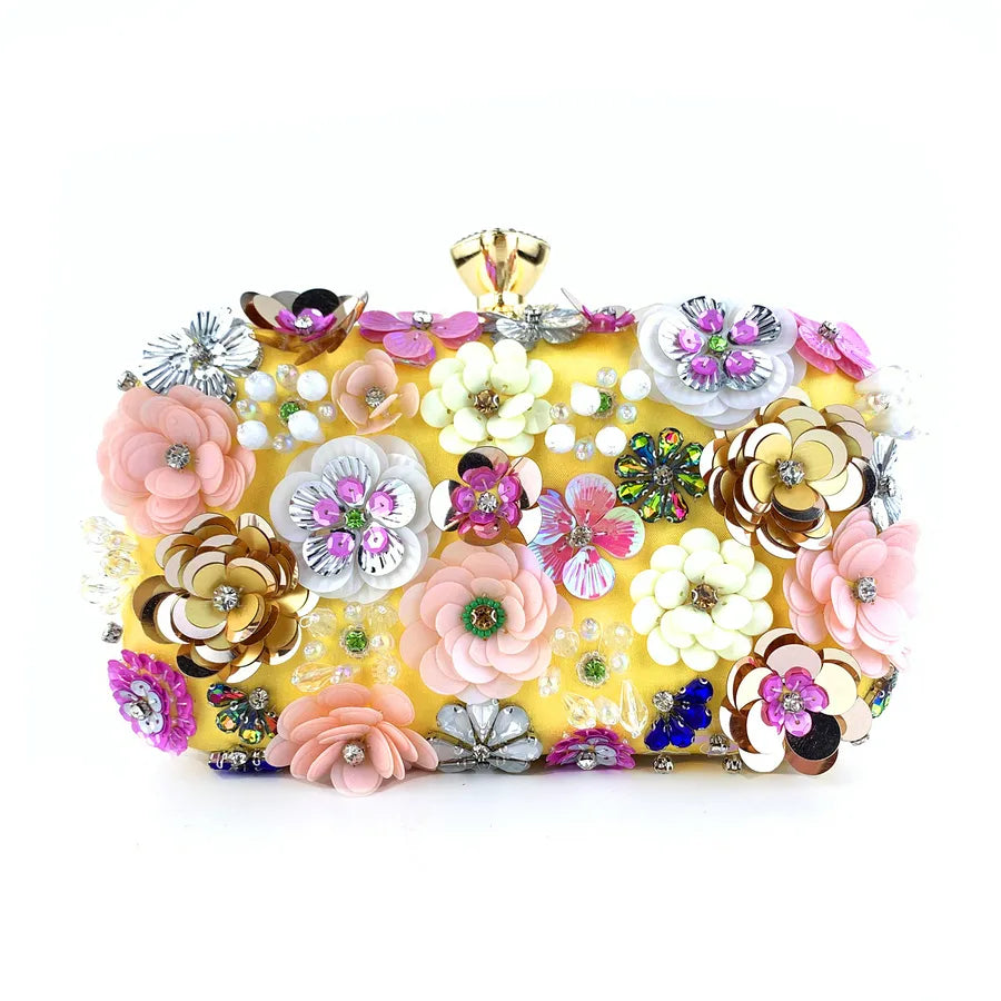yellow blue black satin flower square evening bags