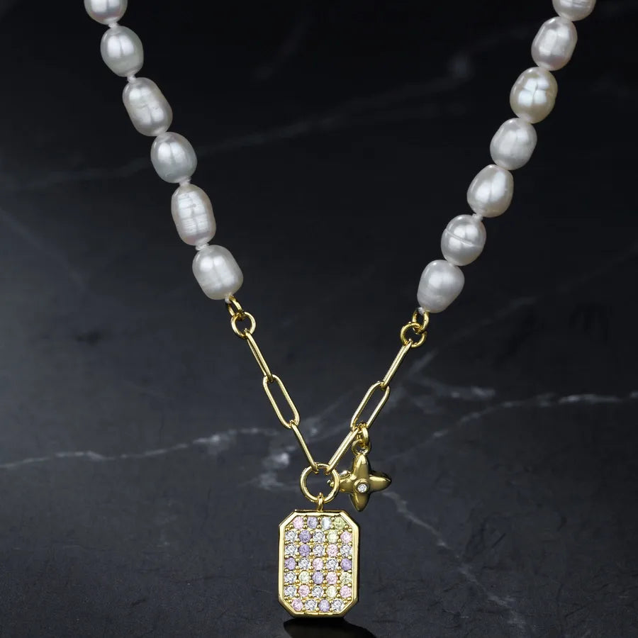 Freshwater Pearl Copper Long-Lasting Plated Freshwater Pearl Beaded Chain Paperclip Chain Plating Star Rectangle Pendant Necklace