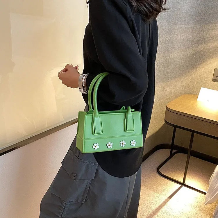 Women's Pu Leather Solid Color Flower Streetwear Square Zipper Handbag