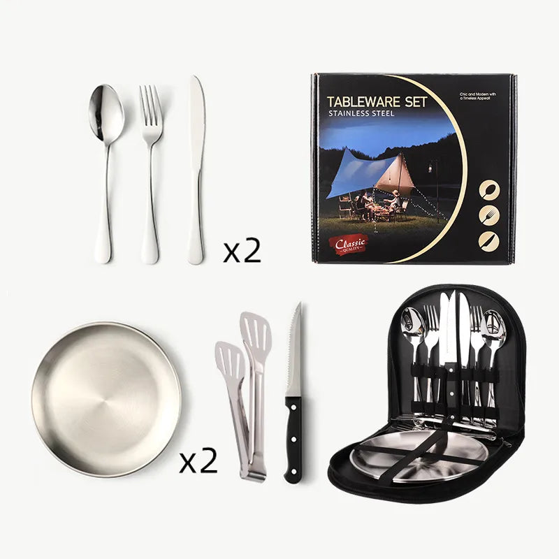 Outdoor travel stainless steel tableware camping picnic barbecue plate clip steak knife, fork and spoon suit portable storage bag