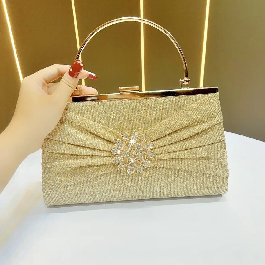 Elegant Dinner Party Handbag Shoulder Bag Polyester Square Shape Mobile Phone Wallet Folded Design Chain Diamond Embellished