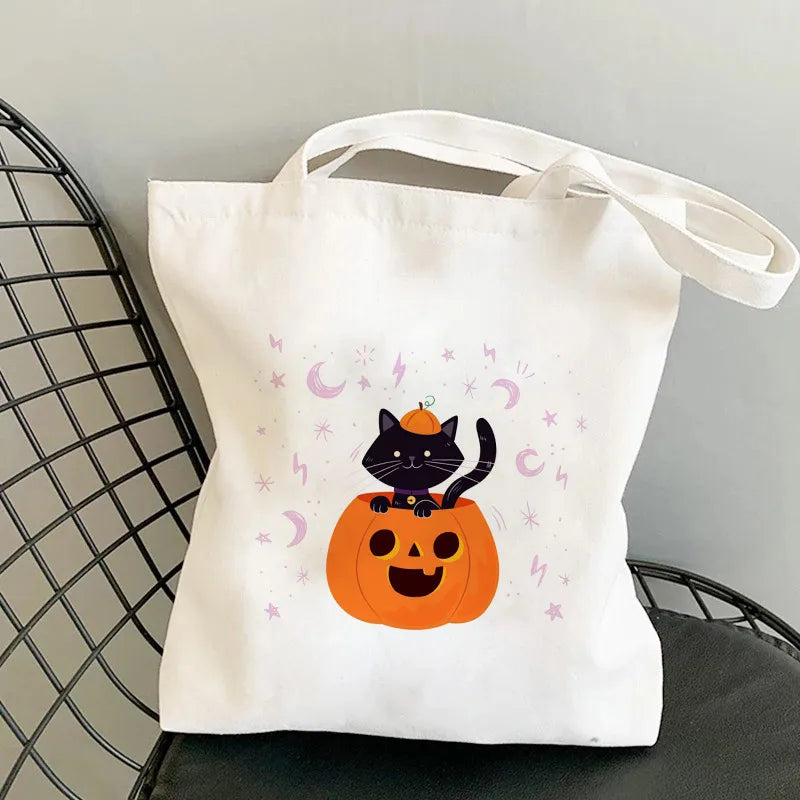 Halloween Women's Medium Canvas Pumpkin Cat Cute Square Open Underarm Bag