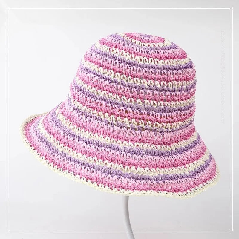 Women's Sweet Simple Style Color Block Wide Eaves Bucket Hat Straw Hat