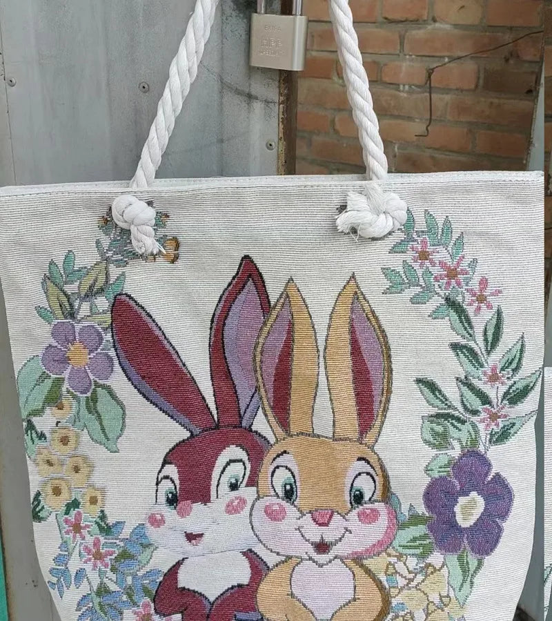 Women's Large Canvas Animal Cartoon Vacation Ethnic Style Bucket Zipper Tote Bag