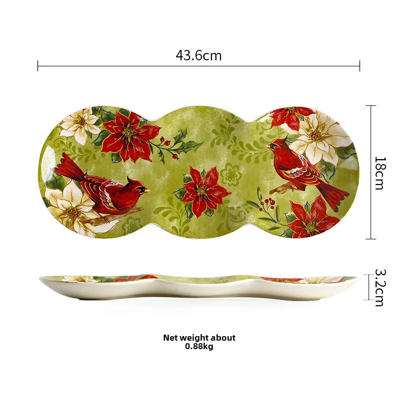 Style Plate Creative Christmas Red Bird Plate Hand-painted Flat Plate Distinctive Rectangular Tray Underglaze Color