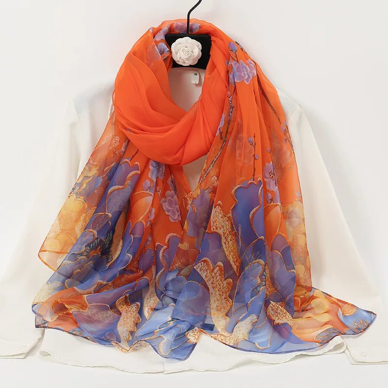 women's elegant lady color block high quality yarn printing silk scarf
