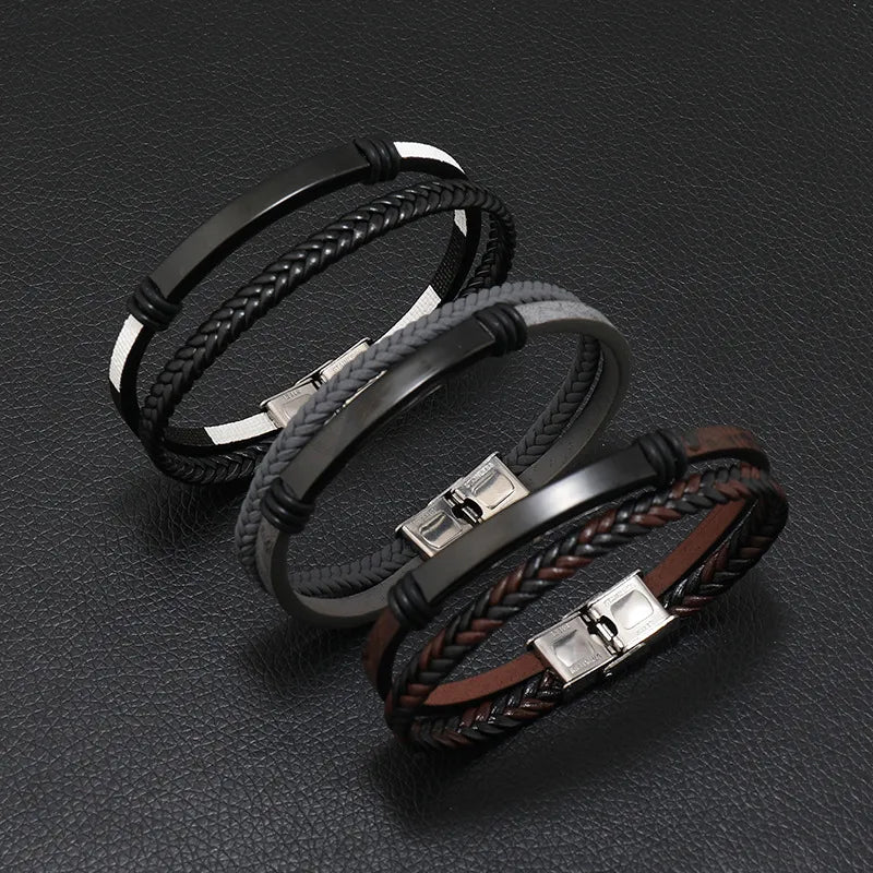 Simple Style Solid Color 304 Stainless Steel Pu Leather Men's Bracelets Men Cord & Leather Bracelets