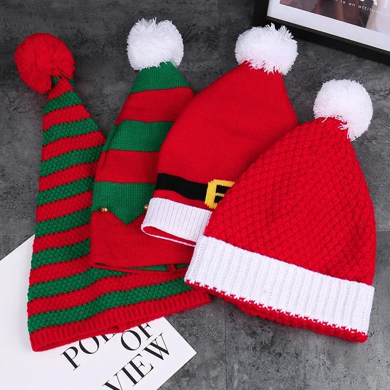 Red Christmas Festival Knitted Wool Hat Autumn and Winter Fur Ball Striped Parent-Child Warm Christmas Gift Knitted Hat