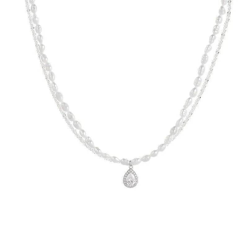 elegant square water droplets freshwater pearl metal inlay zircon necklace
