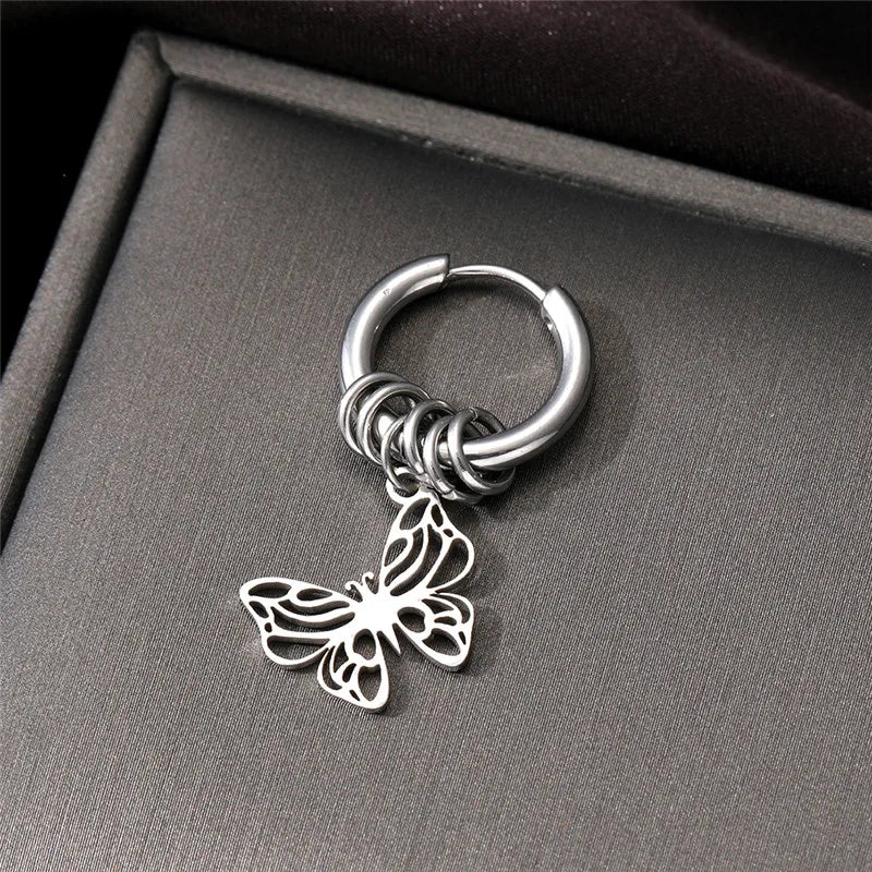 punk leaves cat butterfly stainless steel plating hollow out drop earrings