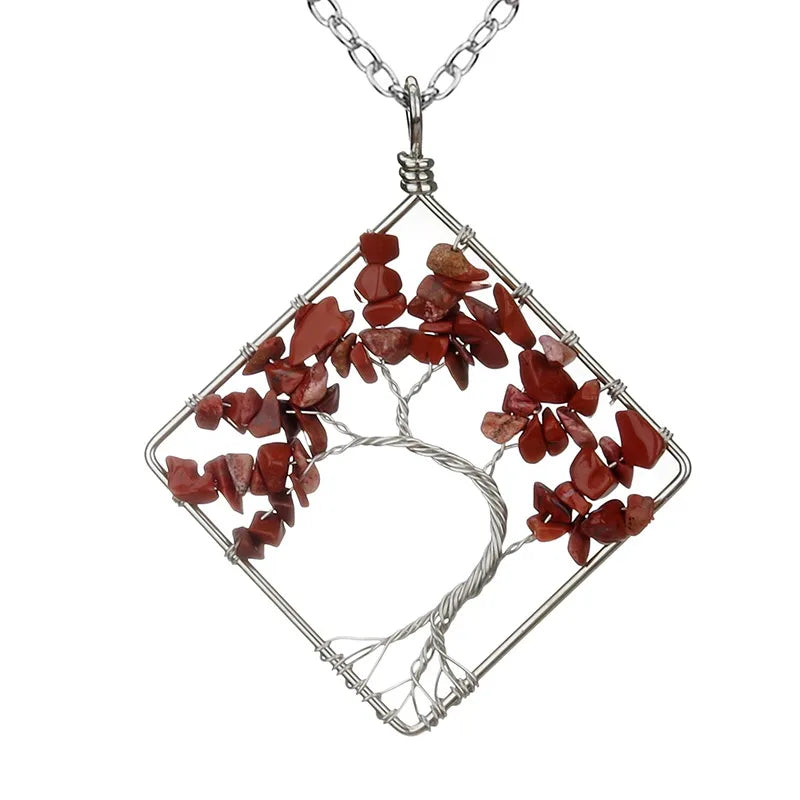 fashion square tree natural stone crystal metal beaded hollow out pendant necklace 1 piece
