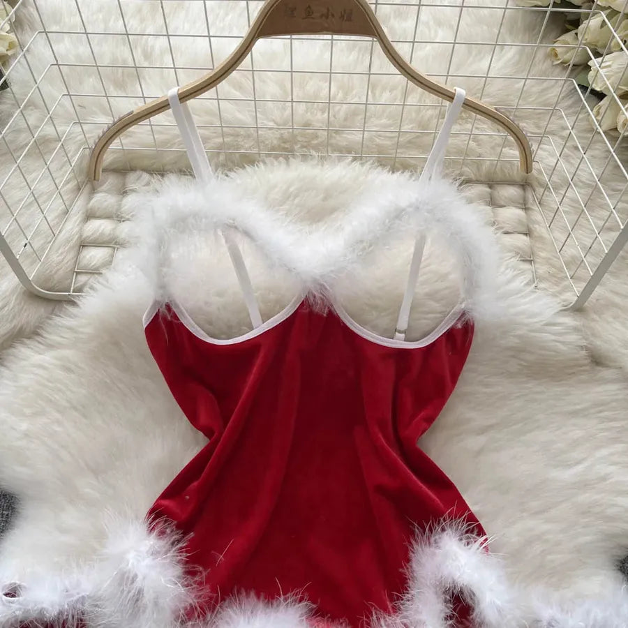 Women's Christmas Sexy Solid Color Sexy Lingerie Sets Party Jumpsuit Mid Waist Thong Sexy Lingerie