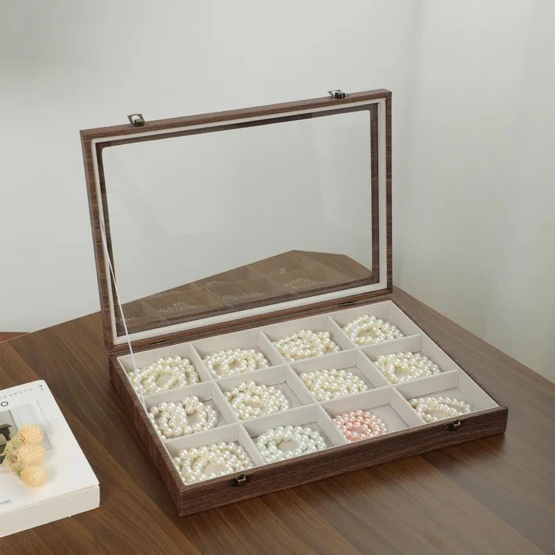 Retro Style Wooden Texture Leather Jewelry Box With Glass Lid Dustproof Storage For Rings Necklaces Bracelets Accessories Display