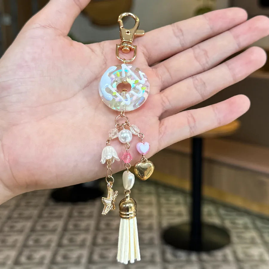 Cute Metal Keychain Pendant Beaded Bookbag Girl's Bag Charm  Style Cartoon Design Half Handmade Flower