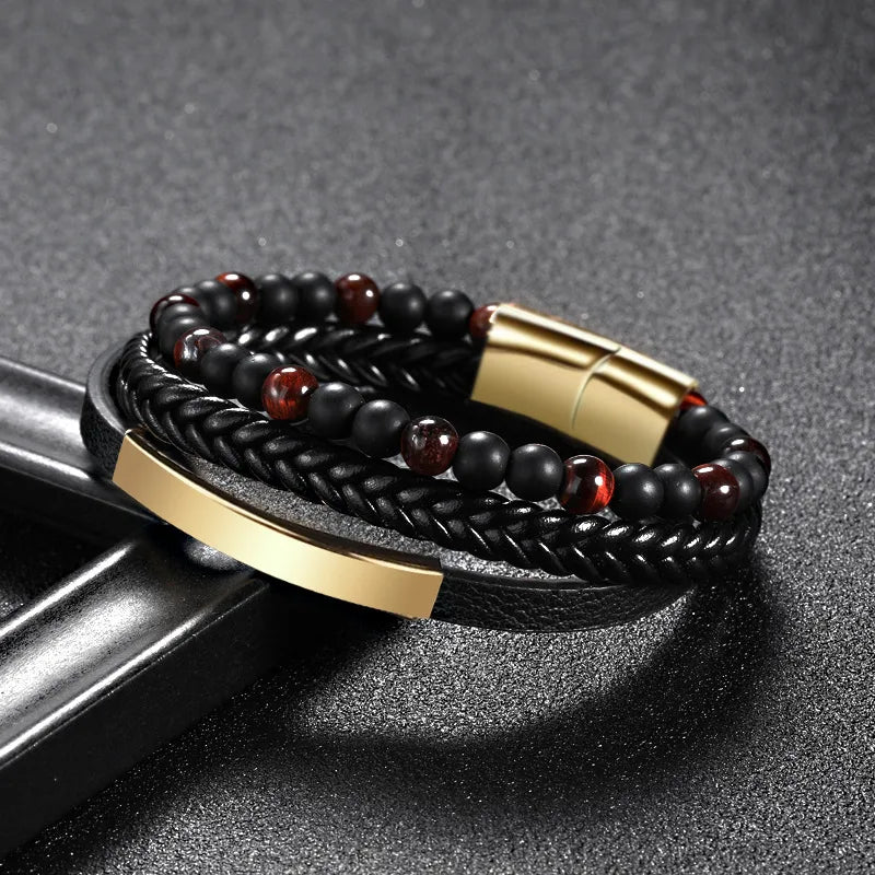 1 piece fashion round pu leather alloy beaded layered patchwork men's bracelets