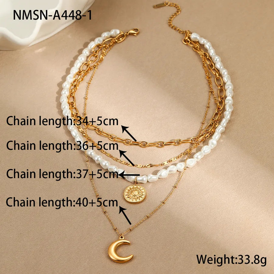 Wholesale Jewelry Elegant Modern Style Sun Moon 304 Stainless Steel Beaded Chain Layered Necklaces