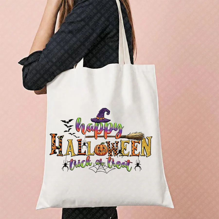Scary Cat Halloween Pumpkin Pattern Canvas Tote Bag Reusable Shopping Bag Large Square Shape Double Shoulder Strap Tote Bag