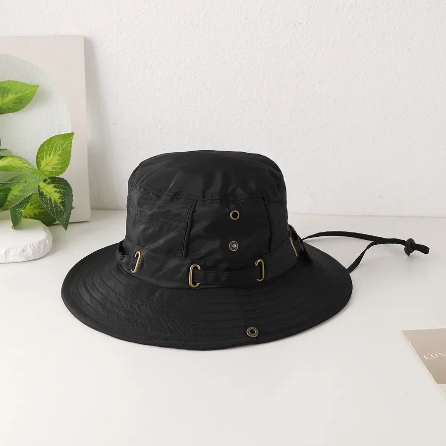 Women's Casual Japanese Style Solid Color Iron button Wide Eaves Bucket Hat