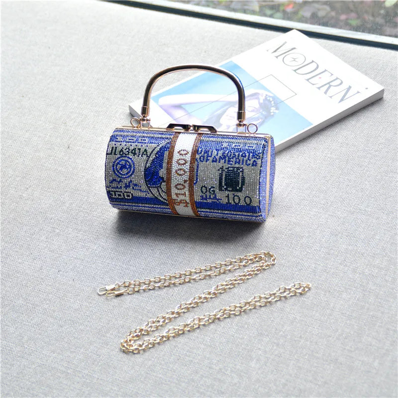 Red Blue Pink Cotton Rhinestone Rubber Drill Color Block Cylindrical Evening Bags