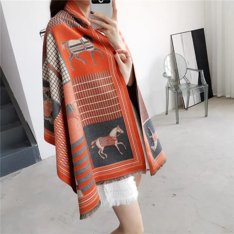 women's retro color block imitation cashmere printing scarf
