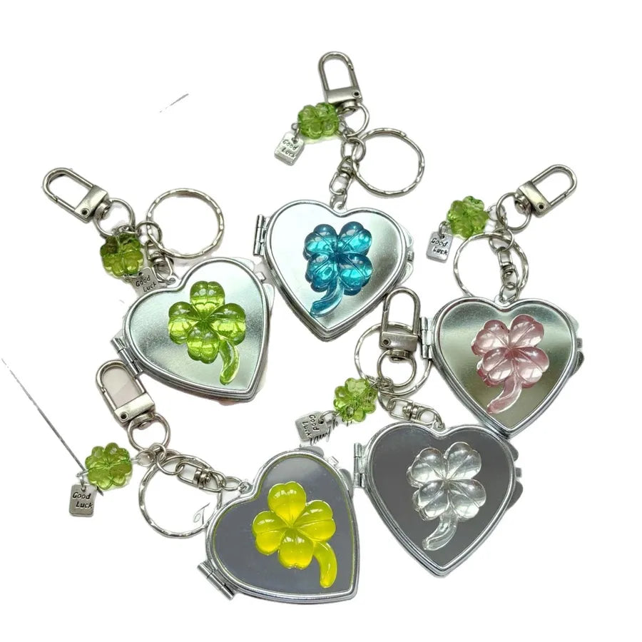 New Ins Lucky Four-Leaf Clover Heart Mirror Keychain Y2K Niche Bag Pendant High-End Accessories Make-Up