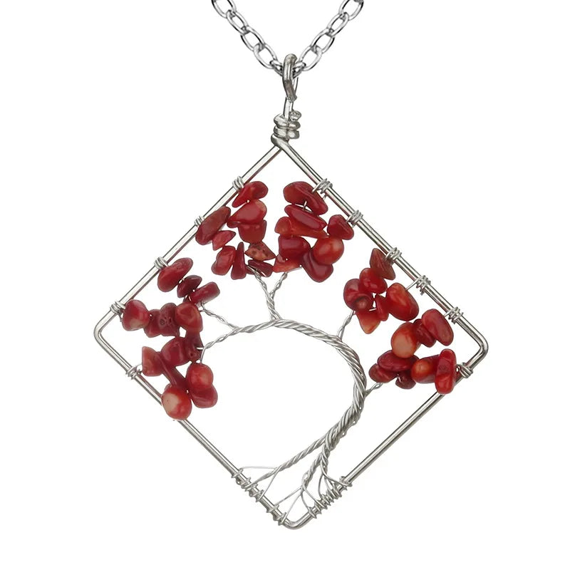 fashion square tree natural stone crystal metal beaded hollow out pendant necklace 1 piece