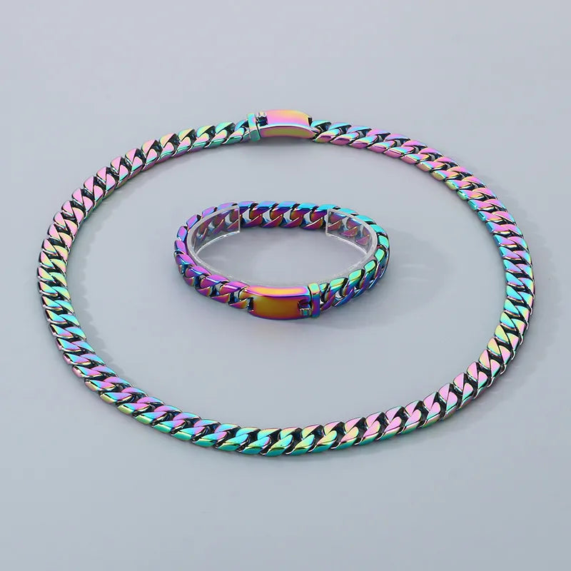 Hipster Dopamine Bracelet Hip Hop Simple Vacuum Plating 12mm Cuban Chain Stainless Steel Necklace Men's suit