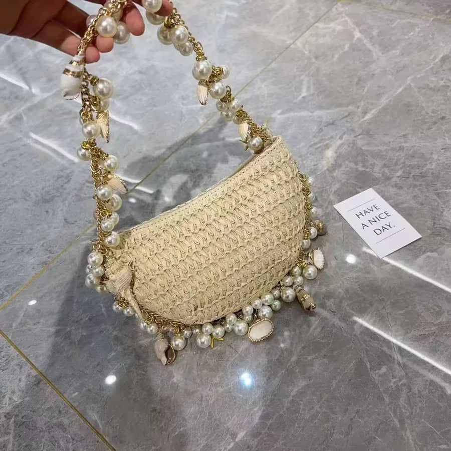 Women's Straw Starfish Pearl Shell Streetwear Weave Semicircle Zipper Straw Bag