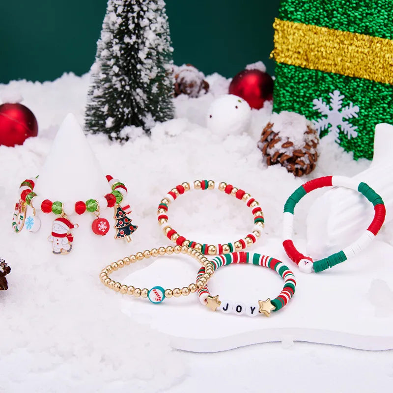Christmas Theme Bracelet Set Santa Claus Christmas Tree Flower Ring Snowflake Cane Candy Crystal Beads Festival Jewelry