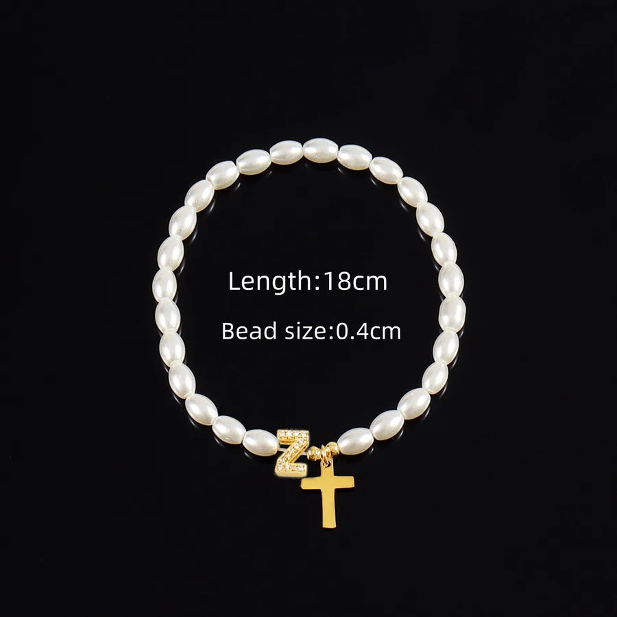 Simple Style Cross Letter 304 Stainless Steel Artificial Pearl Copper Beaded Chain Bracelets In Bulk