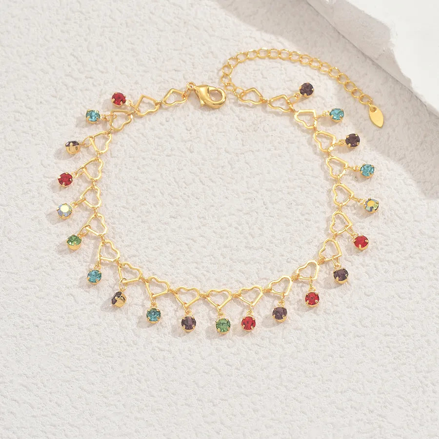 Wholesale Jewelry Vacation Beach Tropical Heart Shape Copper Rhinestones 18K Gold Plated Tassel Anklet