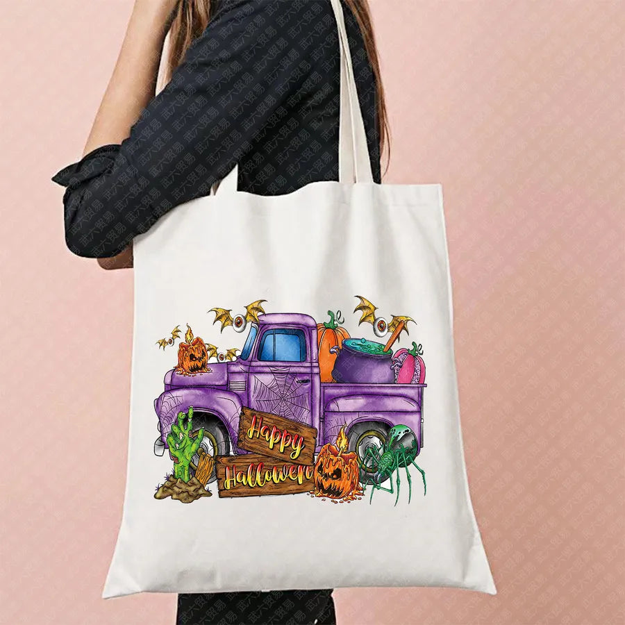 Halloween Movie Pattern Canvas Tote Bag Reusable Shopping Shoulder Bag Travel Large Square Printed Handbag Retro Style Women