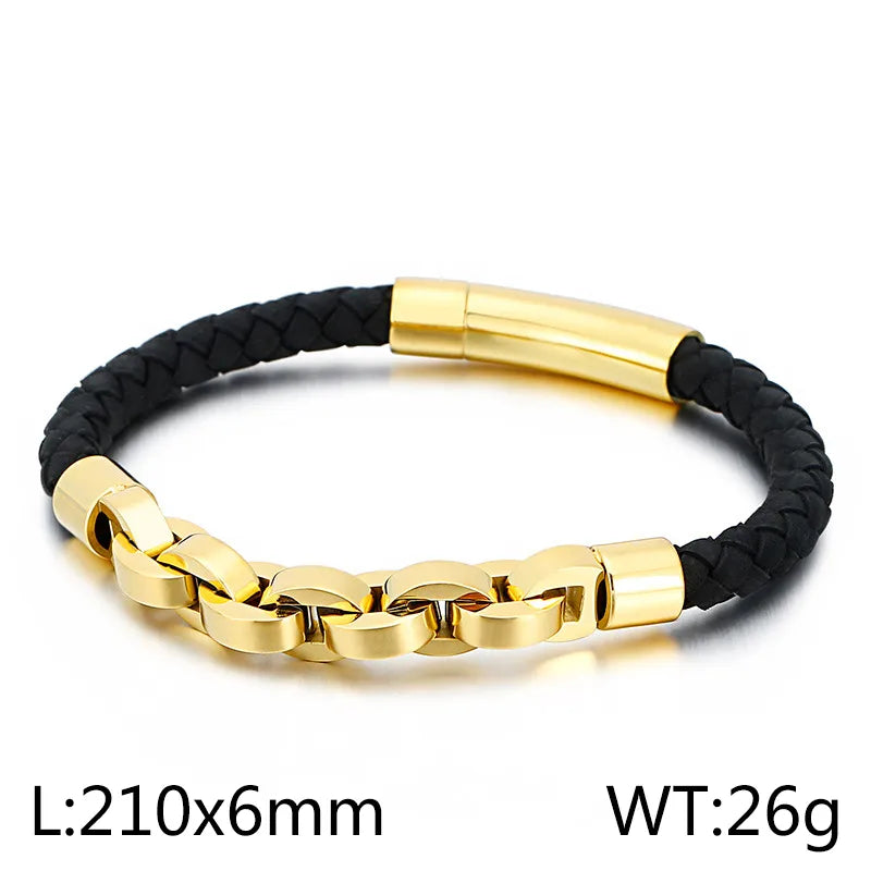 Hip-Hop Retro Color Block Stainless Steel Pu Leather Plating Chain 18K Gold Plated Men's Bangle