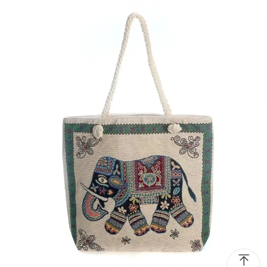 Women's Large Canvas Animal Cartoon Vacation Ethnic Style Bucket Zipper Tote Bag