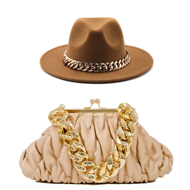 women's british style solid color chain flat eaves fedora hat