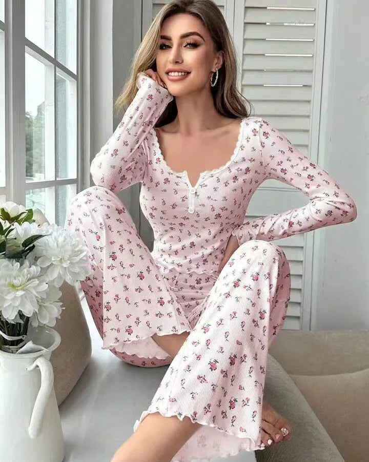 European Style Long Sleeve V-Neck Floral Print Sleepwear Set Women's Home Clothes With Cuffed Pants Thick Polyester Knitted Fabric