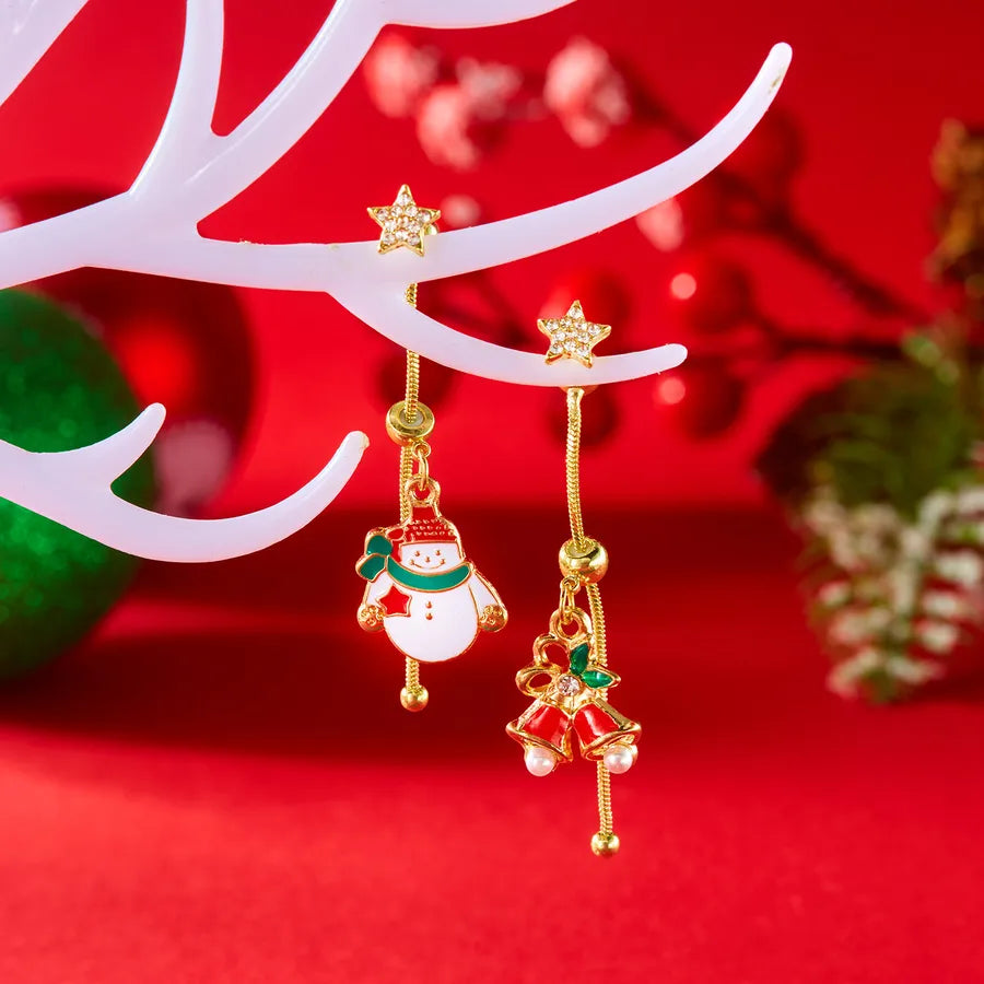 Adjustable Asymmetric Christmas Cartoon Character Dangle Earrings Fashionable Resin Studs For Women With Bell And Tassel