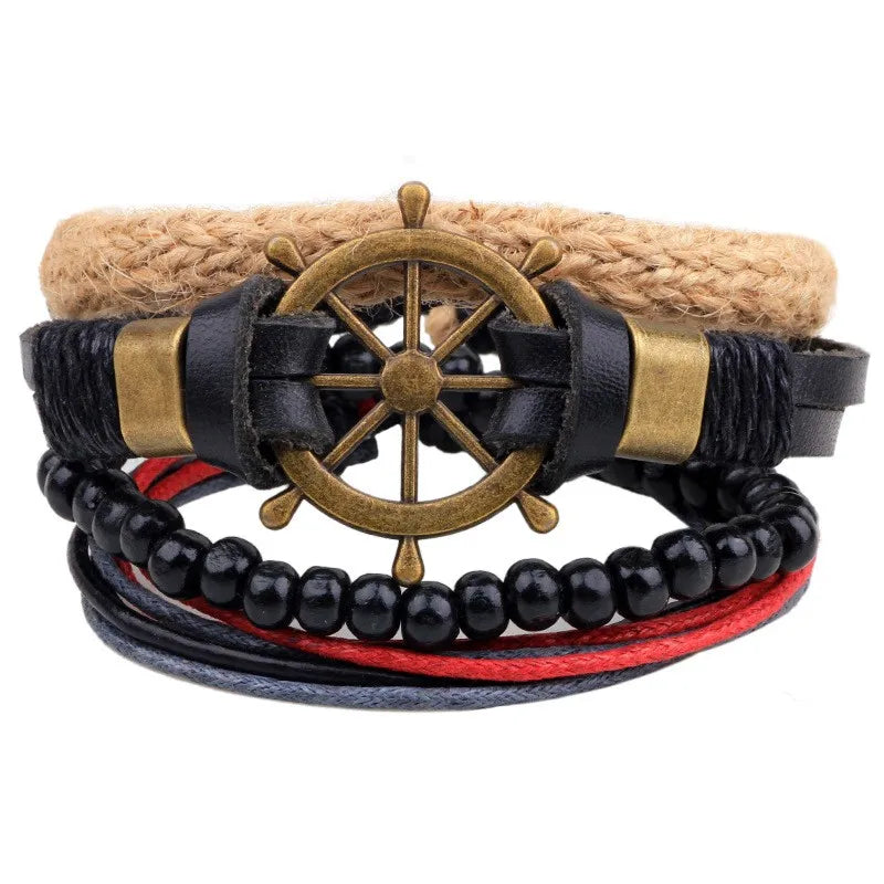 casual letter feather wings pu leather alloy beaded patchwork men's bracelets