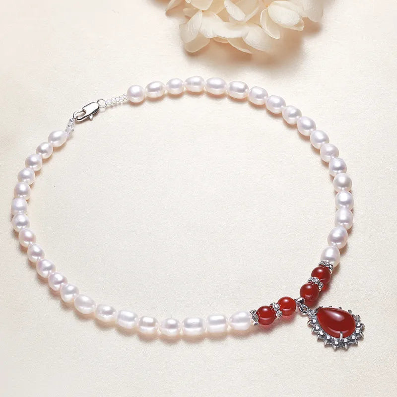 Freshwater Pearl Agate Zircon Beaded Chain Plating Inlay Water Droplets Necklace