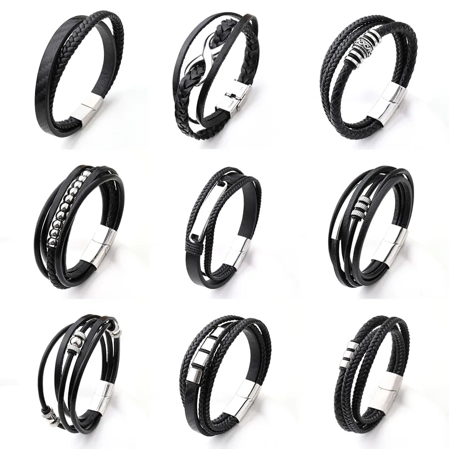 Casual Vacation Streetwear Simple 304 Stainless Steel Genuine Cowhide Leather Wholesale wristband