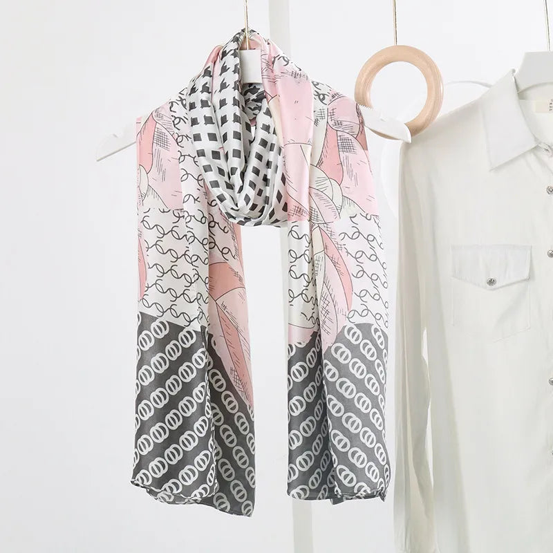 women's fashion letter plaid satin printing silk scarves