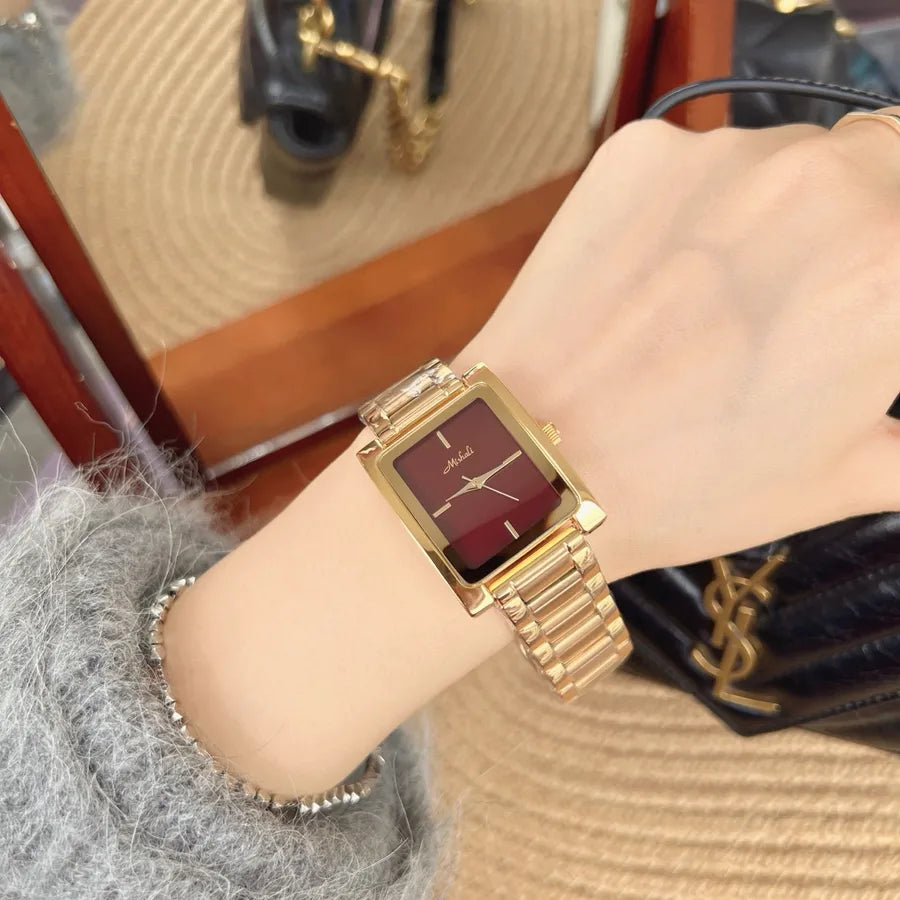 Mishali Large Dial Stainless Steel Strap Women's Watch Fashionable Minimalist Square Face Quartz Movement Butterfly Buckle Clasp