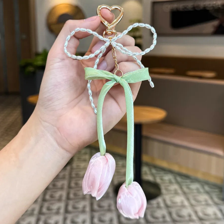 Cute Metal Keychain Pendant Beaded Bookbag Girl's Bag Charm  Style Cartoon Design Half Handmade Flower