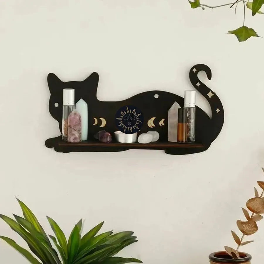 Cute Retro Cat Wood Ornaments Storage Rack Wall Art