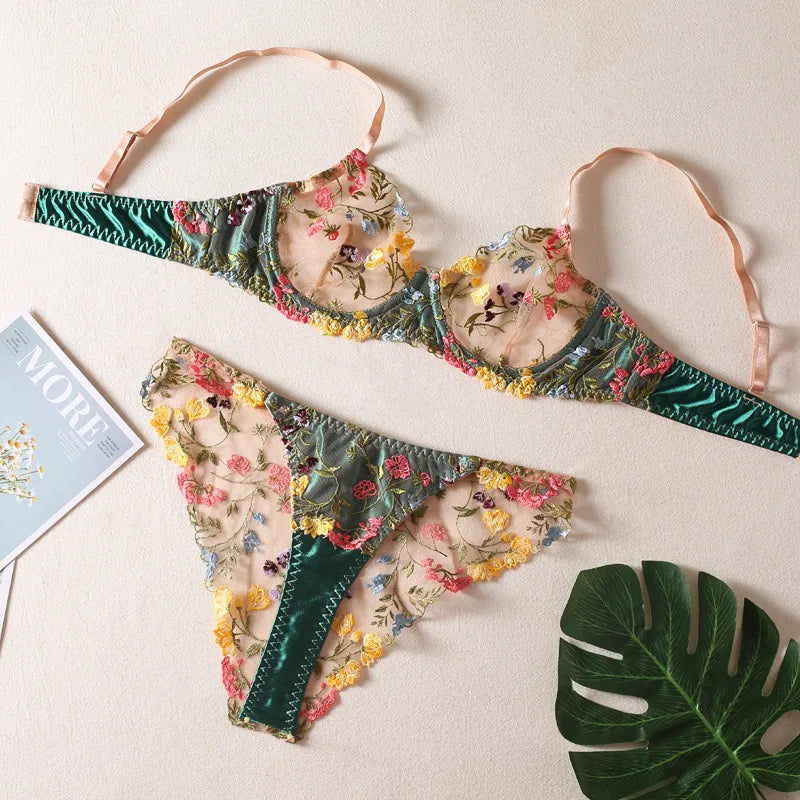 women's sexy flower sexy lingerie sets party embroidery sheer bra low waist thong sexy lingerie