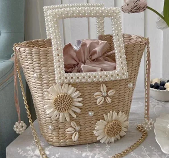 Women's Straw Flower Vacation Beading Pearls Weave Bucket String Handbag